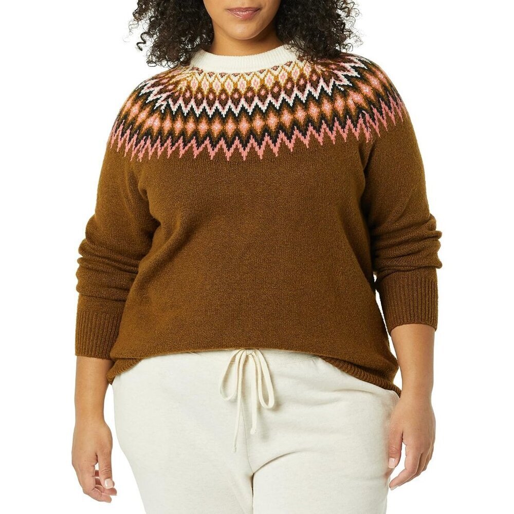 Crewneck Sweater Soft Touch Knit Medium Brown Wool Cotton Polyester - Picture 3 of 5